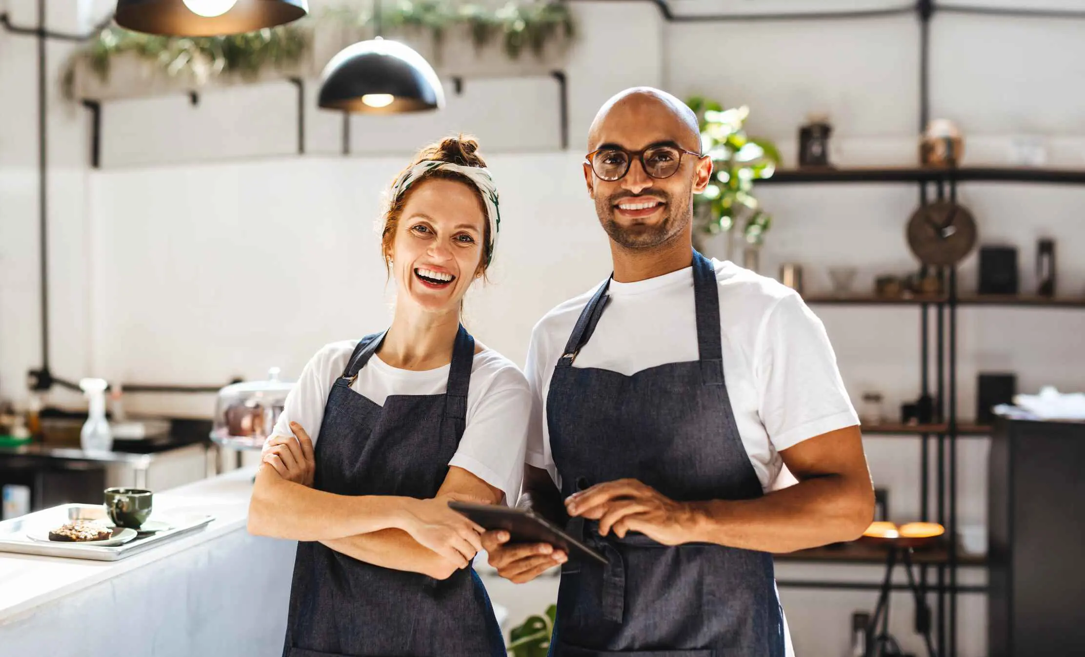 Een kale man en vrouw met bruin haar die poseren in een short in een restaurant